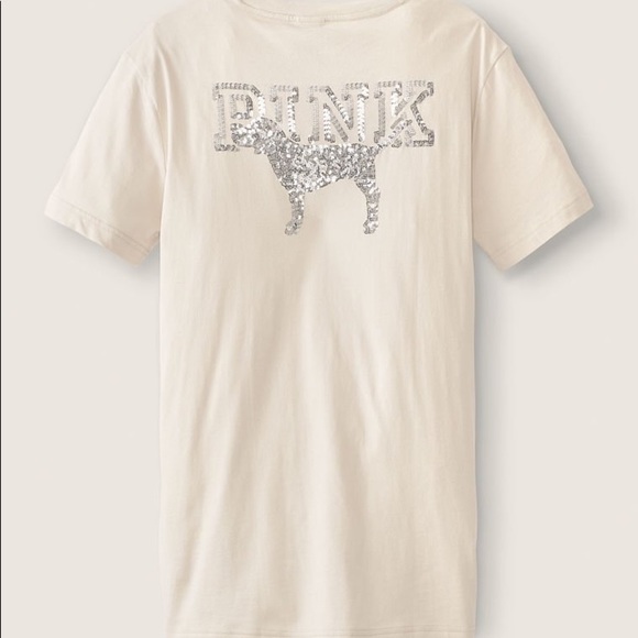 Victoria's Secret PINK Campus Short Sleeve Tee Vanilla Bean Shine NEW - Picture 2 of 7